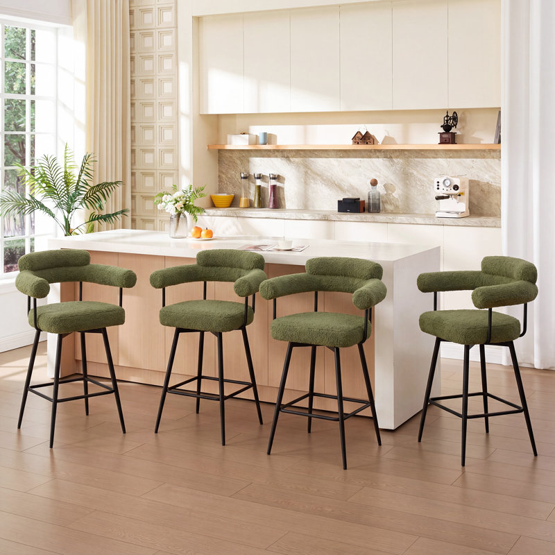 Tabouret de comptoir pivotant de 26,7 po avec dossier à oreilles incurvé et structure en métal Ansil, Sherpa vert