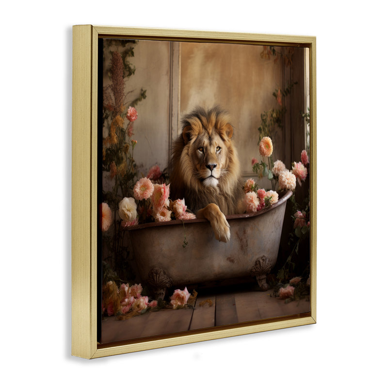 Lion dans une baignoire remplie de fleurs, Cadre flottant métallique doré, H 25 po x l 25 po