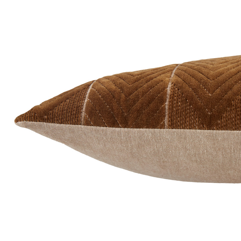 Brown Embroidered Cotton Lumbar Pillow with Chevron Design