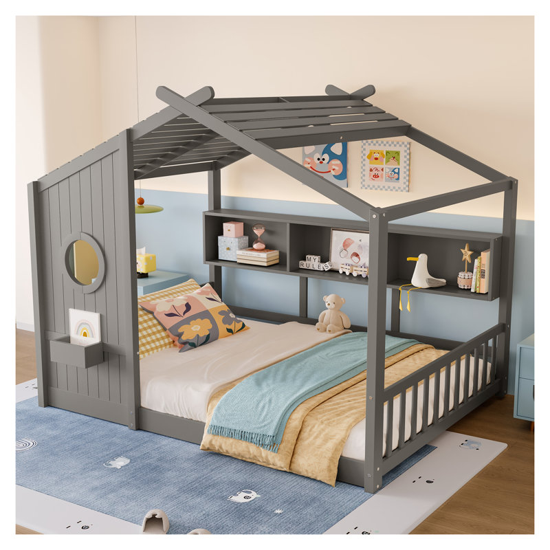 Full Size Montessori Floor Bed for Toddler - Gray Kids House Bed with Storage Shelf, Wooden Playhouse Bed Frame with Roof Design