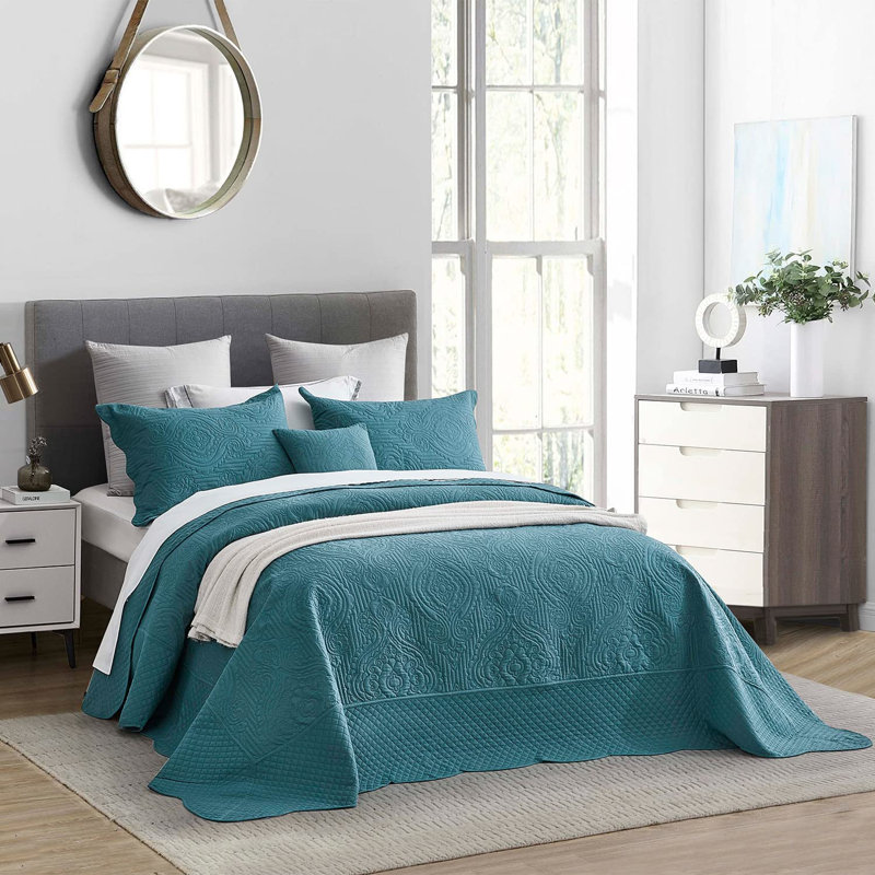 Ensemble de courtepointe en microfibre 5 pièces Leadington, Courtepointe très grand et 4 pièces supplémenta, Lagon