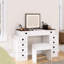 Meuble-lavabo 10 tiroirs avec DEL à intensité variable. Blanc + noyer Miroir rabattable pour économiser de l'espace. Grand et doux tabouret de rangement à DEL. Tiroirs, conservation. Amorti
