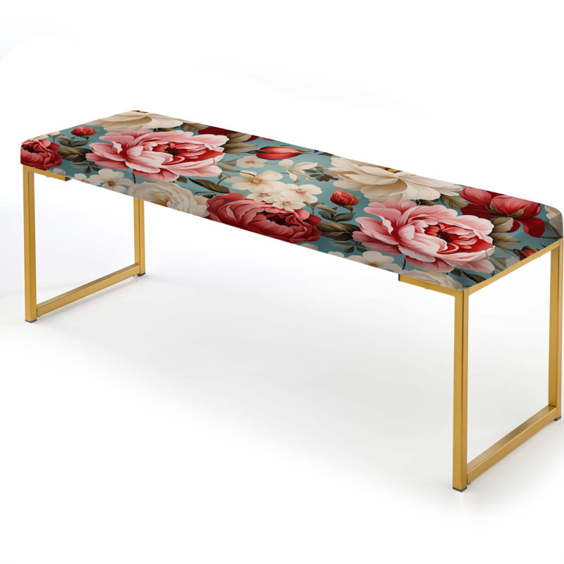 Floral Upholstered Gold Bench, Vintage Pink And Blue Rose Floral