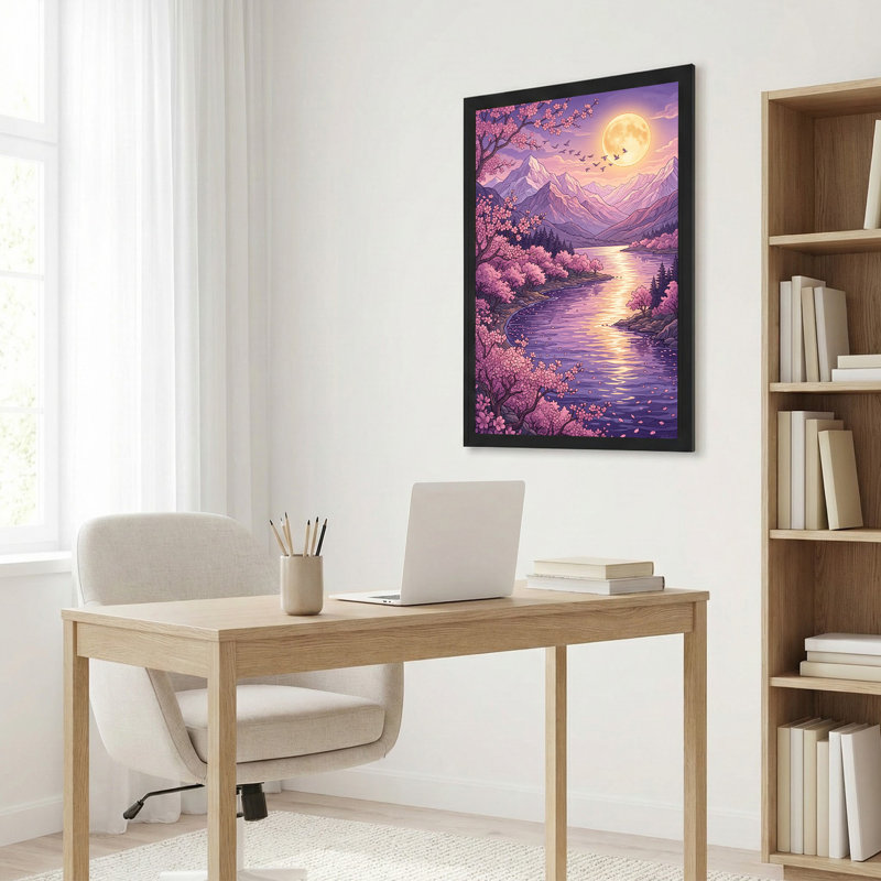 Art sur toile, fleurs de cerisier roses et montagnes mauves sous la lune, 18"H x 12"W