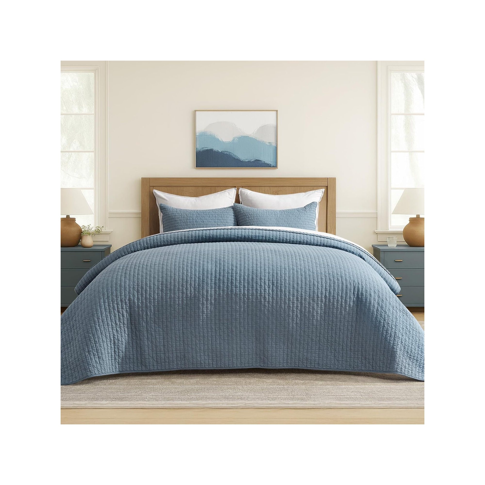 Cross Stitch Cotton Quilt set, Oversized CalKing Quilt+2Oversized Cal King Shams, Dusty Blue