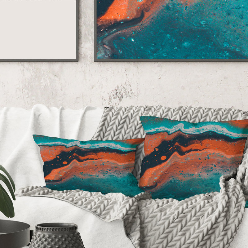 Composition abstraite de marbre en bleu et orange VI - coussin moderne imprimé, 16" x 16"