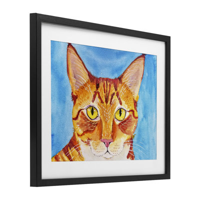 Bold Orange Cat on Blue Framed Print Under Glass, design by Tatiana Roberts
