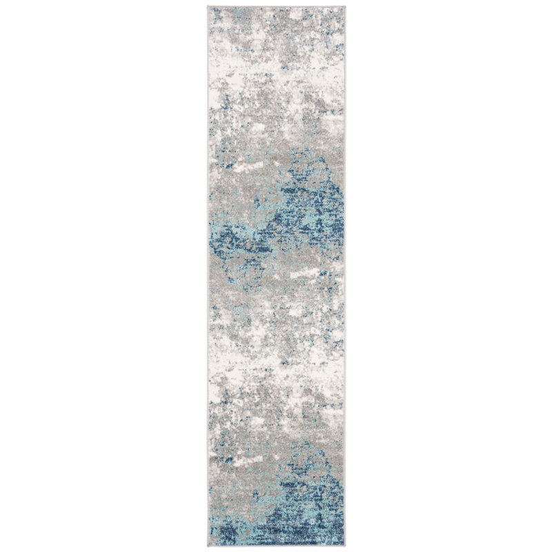 N'Keal Abstract Light Grey/Blue Area Rug, Runner 2' x 8', Light Grey/Blue