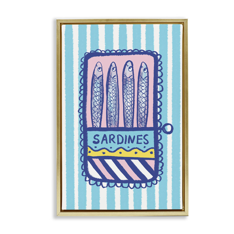 Cadre flottant pastel et rayures sardines, design par Florentina Dolci, H 31 po x l 21 po, Cadre flottant métallique doré