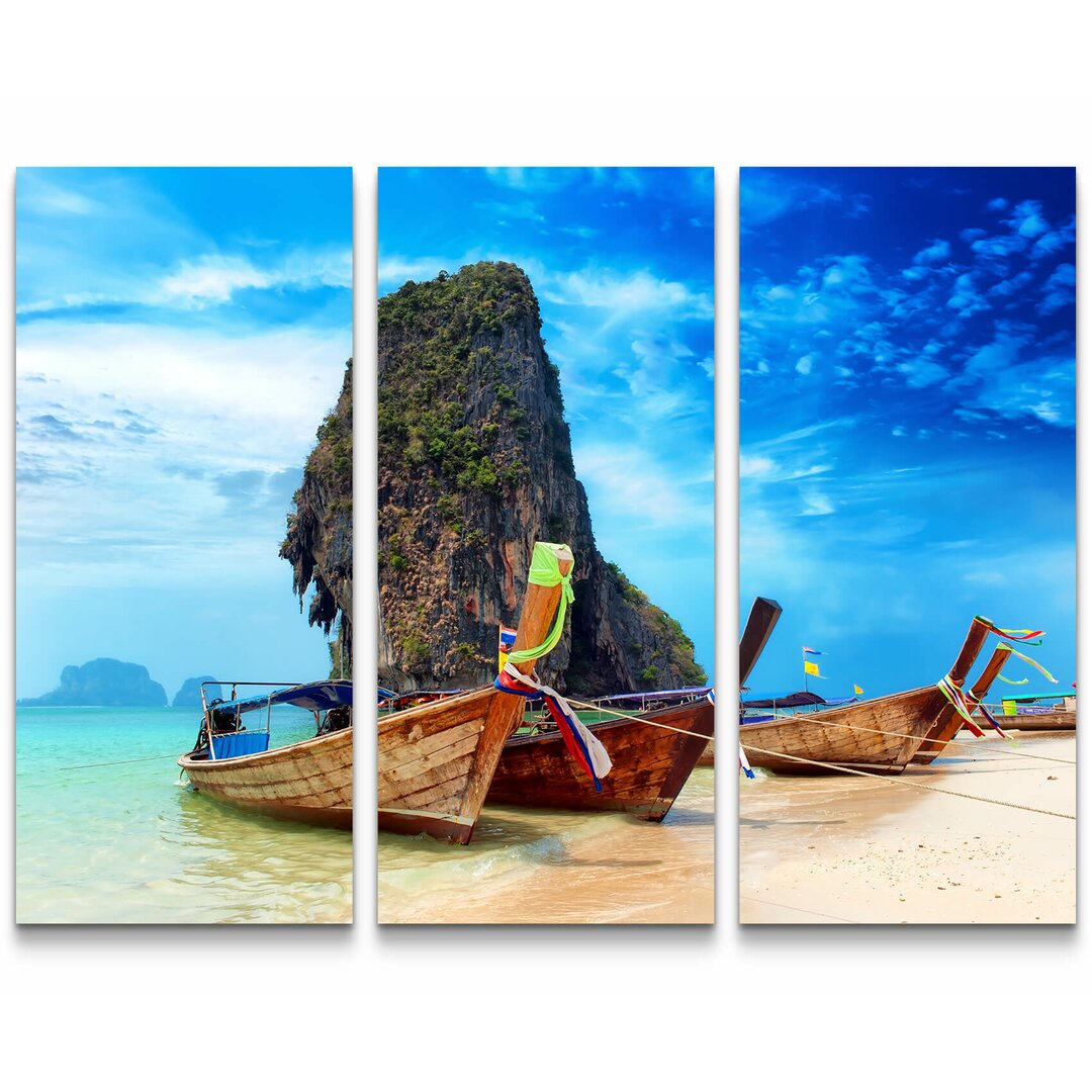 3-tlg. Leinwandbilder-Set Exotischer Sandstrand mit traditionellen Booten in Thailand