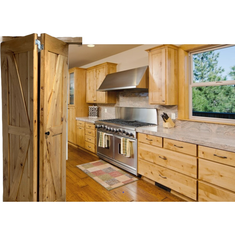 Porte de grange pliante en bois d'aulne avec quincaillerie coulissante en bois, 38 po x 84 po