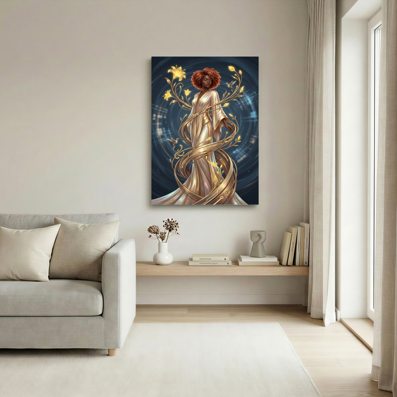 «Golden Floral Woman In Elegant Gown», reproduction d'art sur toile tendue sur toile, ensemble de 1, H 30 po x l 20 po