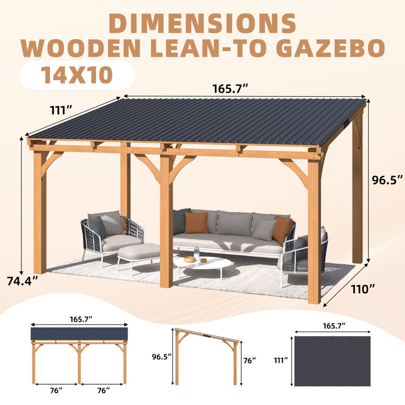 Patio Wood Lean To Hardtop Pergolas, 96" H x 165.7" W x 110" D