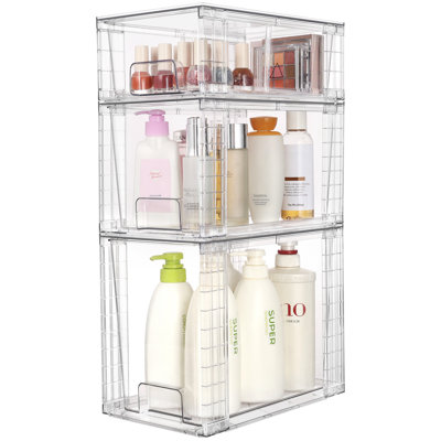 Ensemble de 3 tiroirs de rangement empilables transparents, organisateurs de salle de bain faciles à assembler et rangement avec poignées, tiroirs en plastique pour garde-manger, armoire, rangement sous l'évier