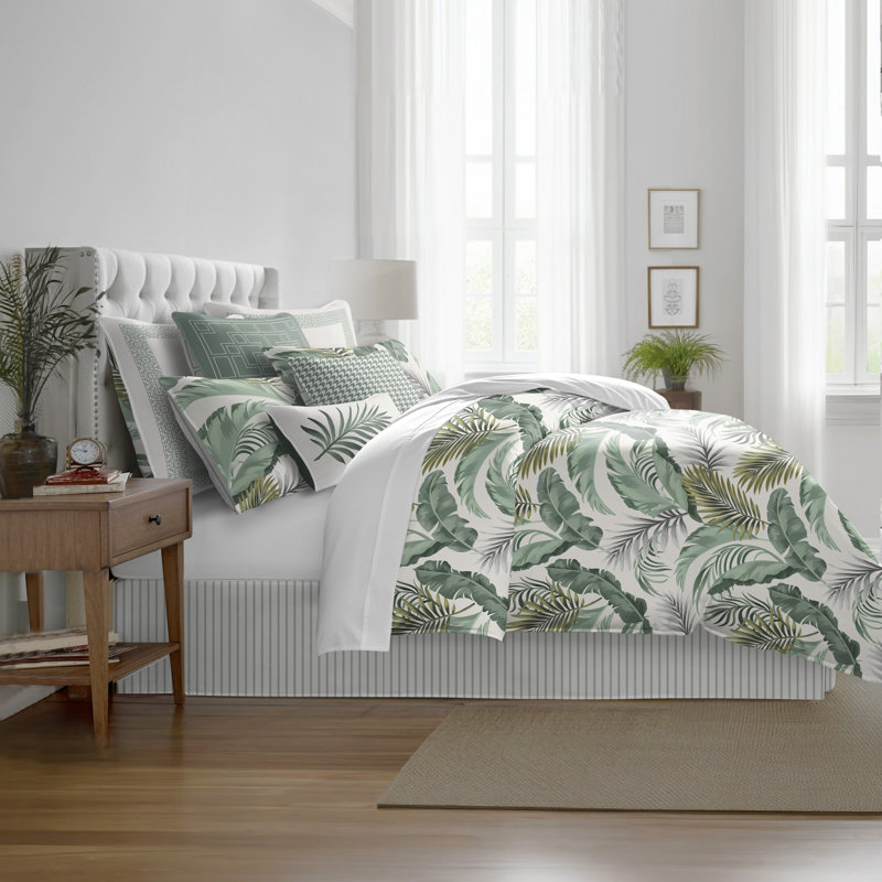 Tropical Palms White/Green Standard Cotton Coverlet / Bedspread, Queen Coverlet + 2 Queen Shams