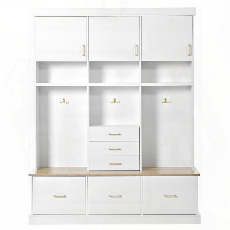 5-in-1 Hall Tree with 6 Drawers, 3 Cabinets, and 3-Tier Top Storage, White