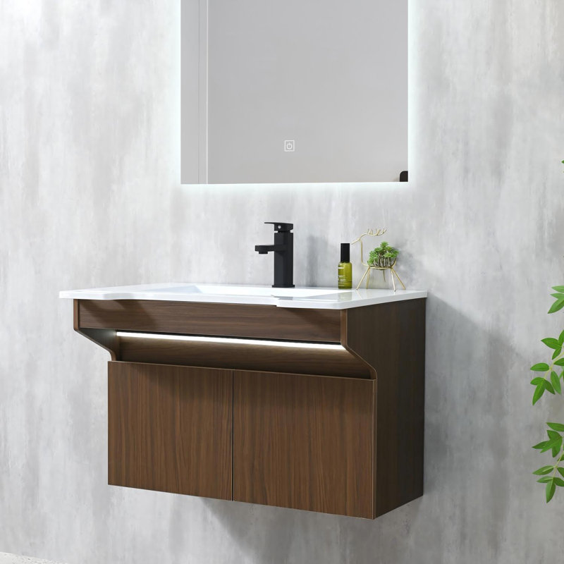 Meuble-lavabo mural simple 32 po avec surface solide et lumière DEL à détecteur de mouvement, Noyer