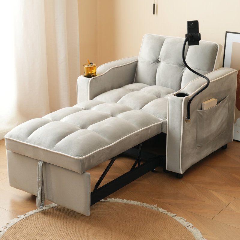3-in-1 Velvet Accent Chairs Bed With Cup Holders - Space-saving Sleeper Chair For Small Spaces