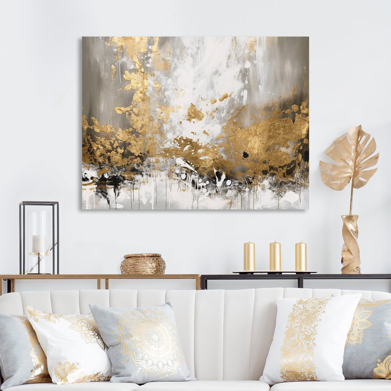 Or et blanc abstrait - art mural abstrait, H 12 po x l 20 po x P 1 po, Toile tendue