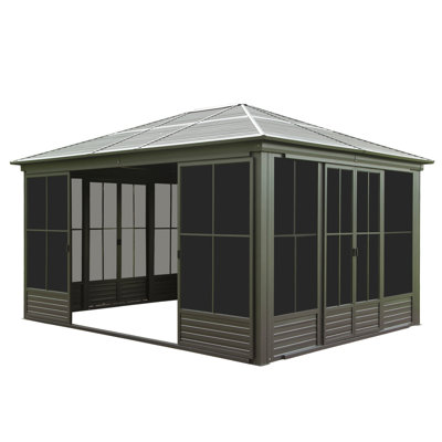 12X14ft Outdoor Sunroom, Galvanized Steel Hardtop Enclose Gazebo Sloping Roof, All Weather Aluminum Solarium Screen House For Patio Deck Backyard With Lockable Door, Moveable Pc Screen