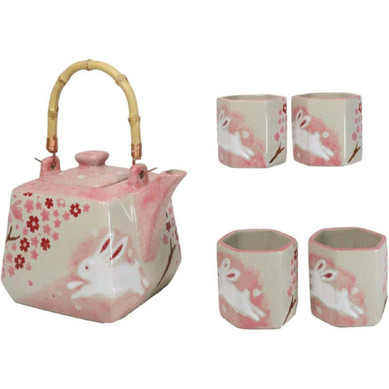 Sakura Cherry Blossoms With Rabbit Hexagonal Teapot With 4 Tea Cups Set, Pink