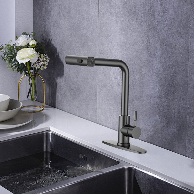 Pull-Down Spray Kitchen Faucet, Waterfall Kitchen Faucet, 3 Modes (Waterfall/Stream/Spray), Deck-Mounted Kitchen Faucet