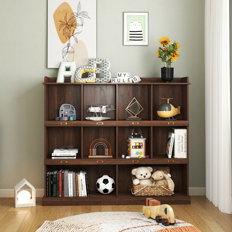 Bibliothèque à 10 tablettes au fini noyer, idéale pour le rangement organisé et la présentation durable