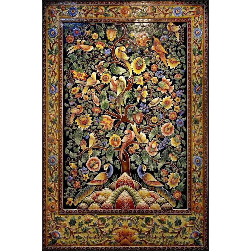 Tapis décoratif décoratif multicolore à motif d'oiseaux et de feuilles encadré, Carré 3 pi 11 po