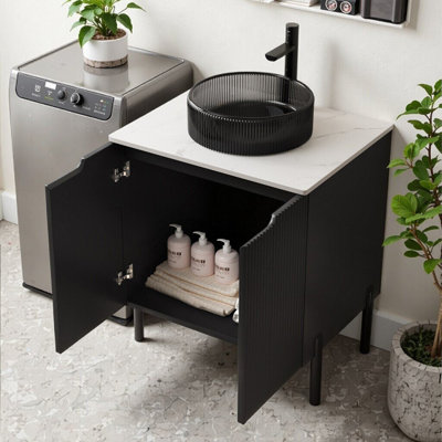Meuble-lavabo moderne avec portes à fermeture en douceur et rangement spacieux - Plateau d'inspiration Carrara, facile à assembler pour les salles de bain de style spa