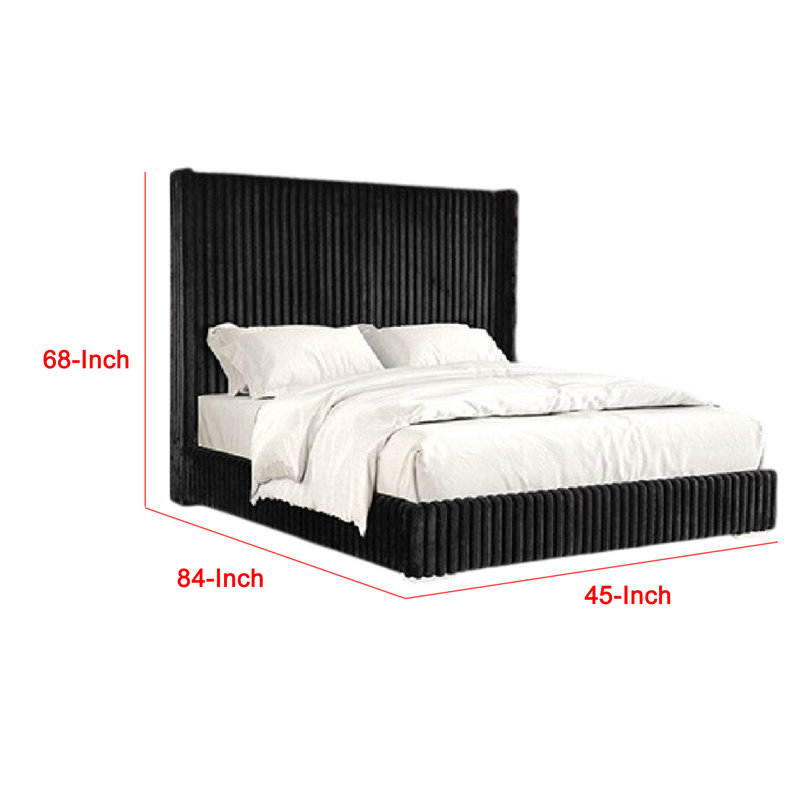 Wolo Twin Bed, Black Fur Chenille Ribbed Upholstery, Wing Headboard, Twin, Black