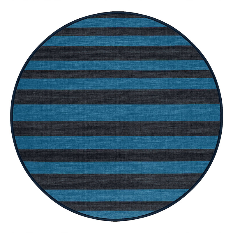 Tapis bleu à rayures horizontales lavable à la machine, Rond 4 pi