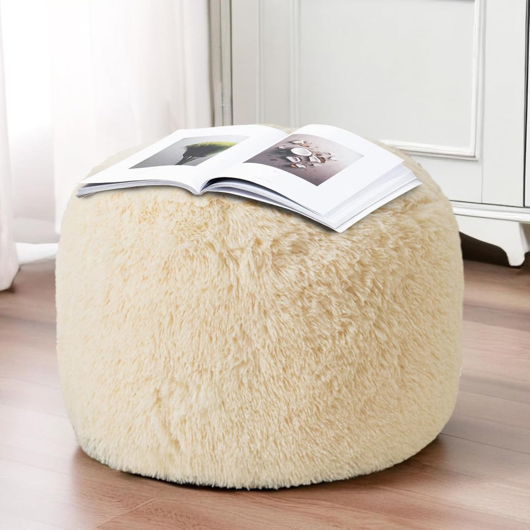 HOMEMAKERS PLAZA Round Stuffed Pouf Ottoman, Long Faux Fur Poufs