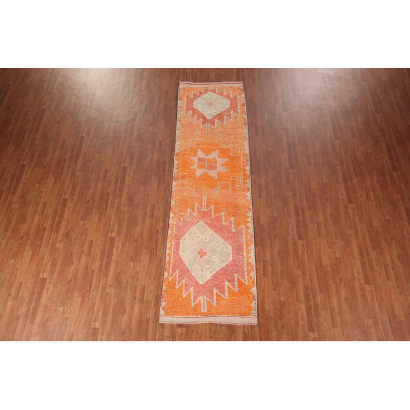 Orange Geometric Oushak Oriental Runner Rug 3x12