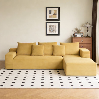 Modern L-Shaped Sectional Sofa 260CM in Yellow Velvet, Chaise with Frame-Free Design Fast Dispatch From UK Warehouse – Dispatched Within 2 Days