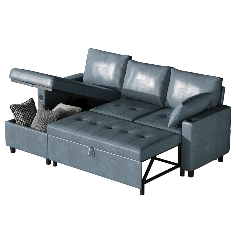 Sleeper Sofa Bed 3-In-1 Pull Out Couch With Reversible Chaise Leather Sleeper Sofa With Storage Usb Cup Holder Pullout Sectional Couches For Apartment Living Room
