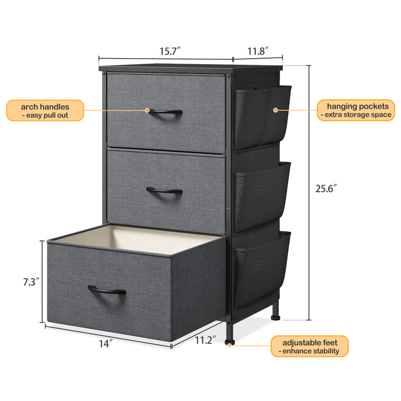 Night Stand With 3 Drawers For Bedroom, Bedside Table With Wooden Top, Sturdy Steel Frame End Table, Small Dresser For Bedroom, Living Room