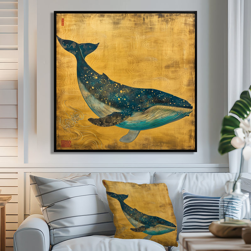 Amyerra - baleine, art mural, H 30 po x l 30 po x P 1 po, Toile avec cadre flottant noir