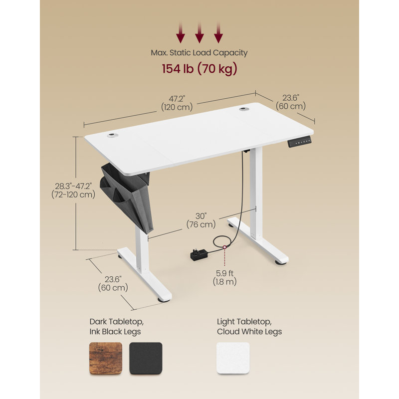 Height Adjustable Rectangle Standing Desk, 120 H x 120 W x 60 D cm, White/White