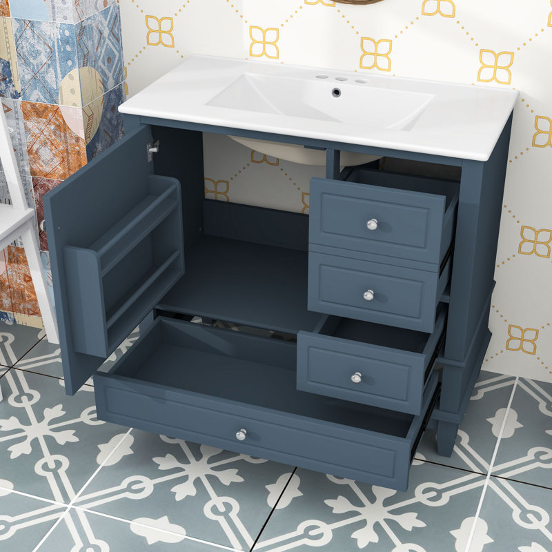 Meuble-lavabo avec lavabo en céramique, 3 tiroirs et porte
