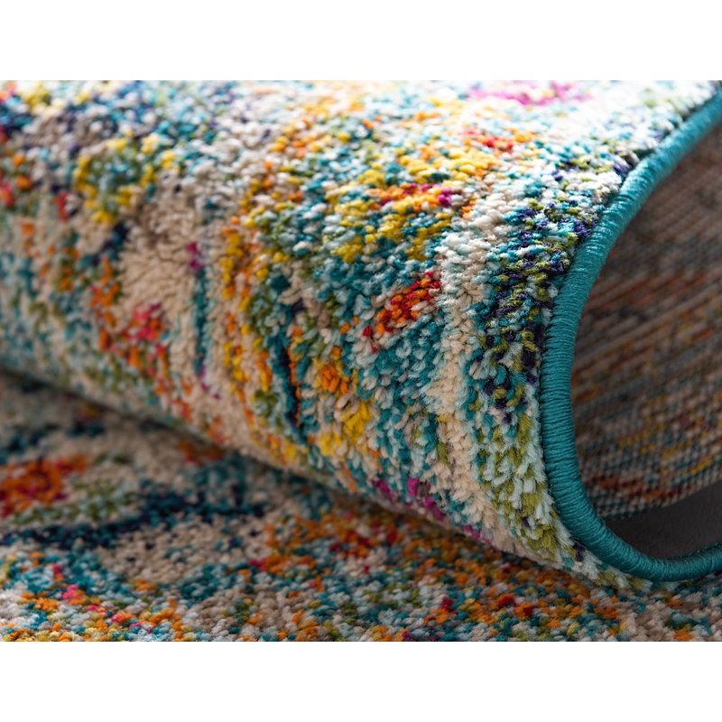 Tapis oriental vert / bleu / rouge en polypropylène tissé à la machine Pennylane, Carré 7 pi 1 po
