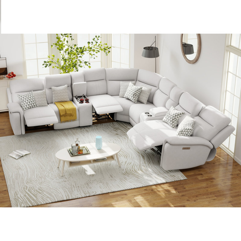 Satori 125" W 9-Piece Modular Upholstered Power Reclining Sectional with Adjustable Lumbar Support, Headrests and Footrests 