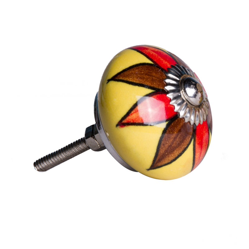 Set of Eight Red And Yellow Floral Ceramic Drawer Pull Knobs