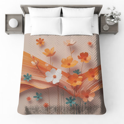 Orange Paper Flowers Quilted Bedspread All Sizes