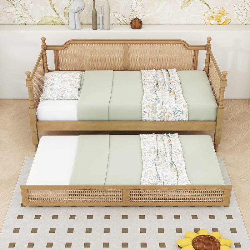 Rattan Wooden Daybed with Twin Trundle, Twin, Antique Walnut