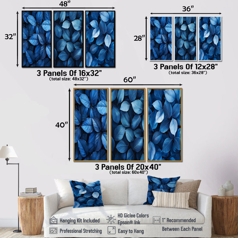 «Midnight Blue Leaves Tranquility I», collection d'impressions sur toile traditionnelles dorées, H 40 po x l 60 po, Blanc