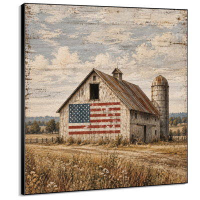 Impression sur tissu grand format - Décoration murale rustique avec drapeau américain, grange et silo pour salon ou chambre - « Assemblage du cadre requis (cadre non fini) »
