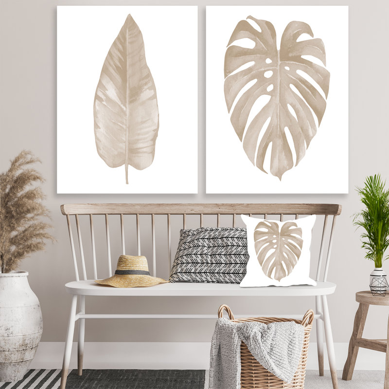 Feuille séchée, plante beige sur blanc, collection II - ensemble de 2 pièces botaniques, H 40 po x l 60 po x 1,5 po
