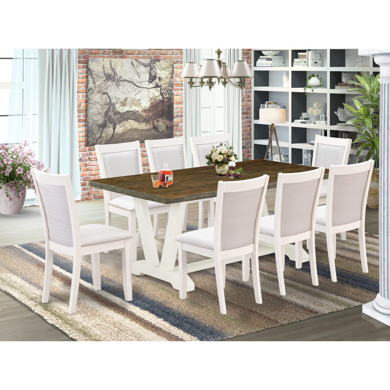 9-Pc Dining Set Contains a Distressed Jacobean Dining Table and 8 Cream Linen Fabric Dining Room Chairs with Stylish Back - Wire Brushed Linen White