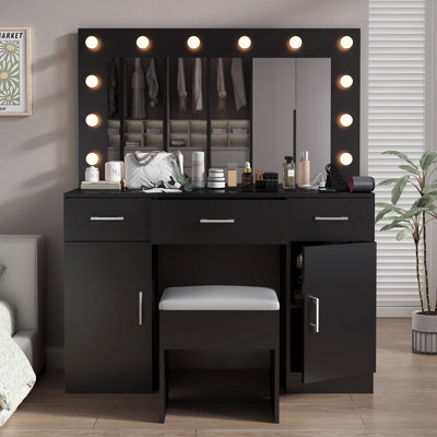 Large Makeup Vanity Set with Lights, USB & Power Outlet,3 Drawers