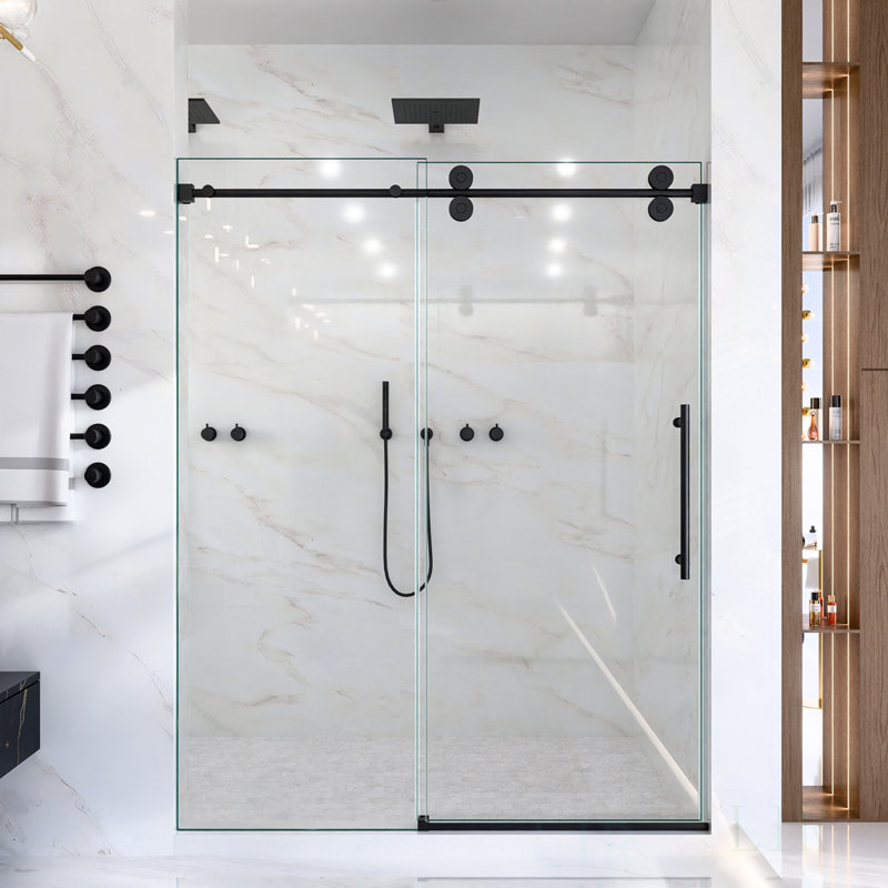 Porte de douche coulissante simple sans cadre l 56 à 60 po x H 72 po - verre trempé transparent de 5/16 po (8 mm), conception de dérivation, porte de douche